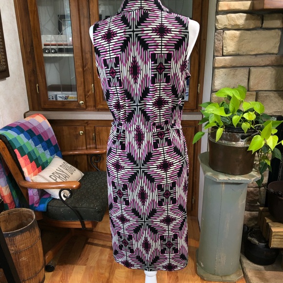 DANA BUCHMAN SIZE MEDIUM PINK GRAY AND BLACK SLEEVELESS BUTTIN UP DRESS W/BELT - Picture 3 of 3